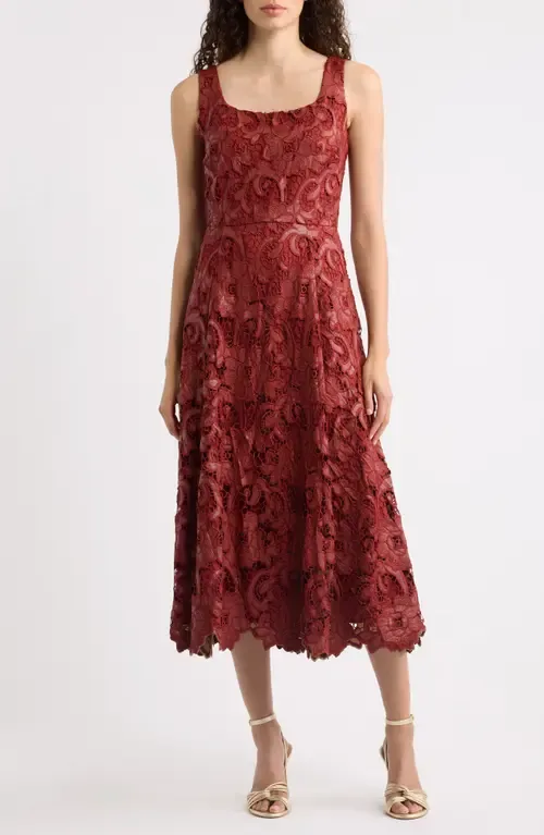 The Chayanne Faux Leather Floral Lace Midi Dress by Elie Tahari