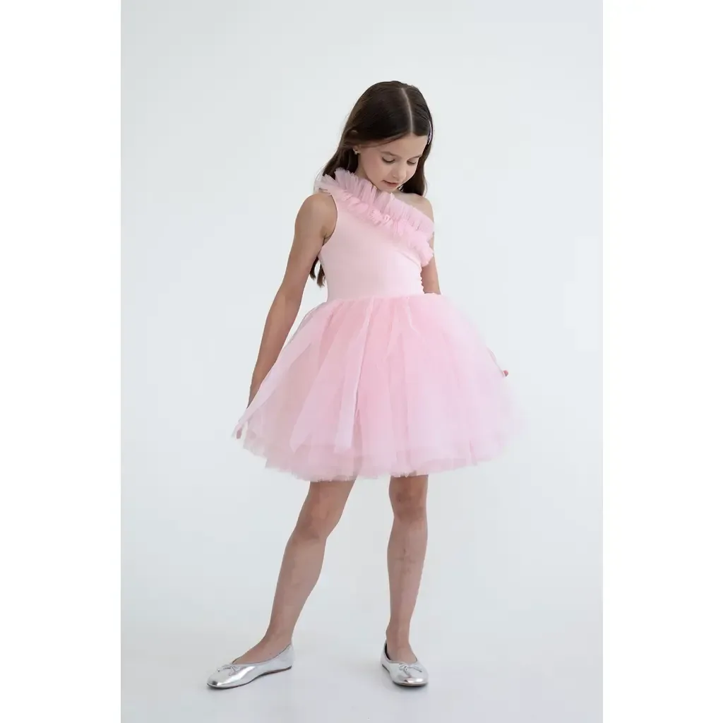 Pinky One Shoulder Ruffle Tulle Dress by Mini Celebrities
