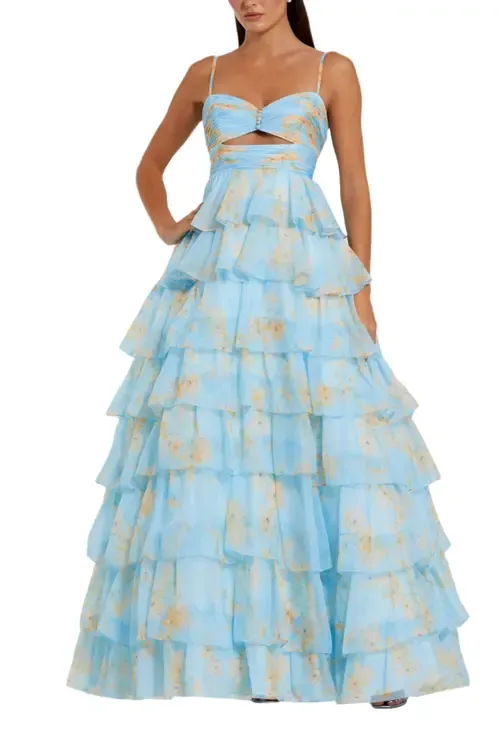 Floral Cut Out Ruffle Tiered Ballgown by Mac Duggal