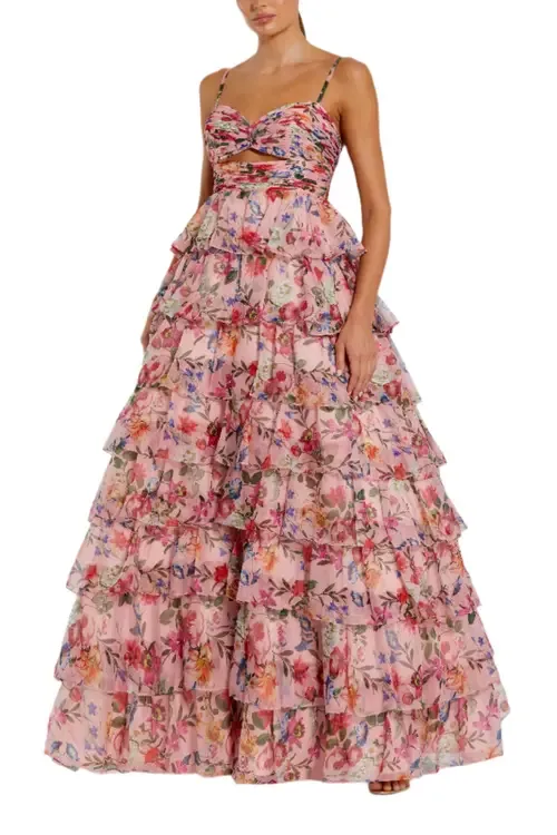 Floral Cut Out Ruffle Tiered Ballgown