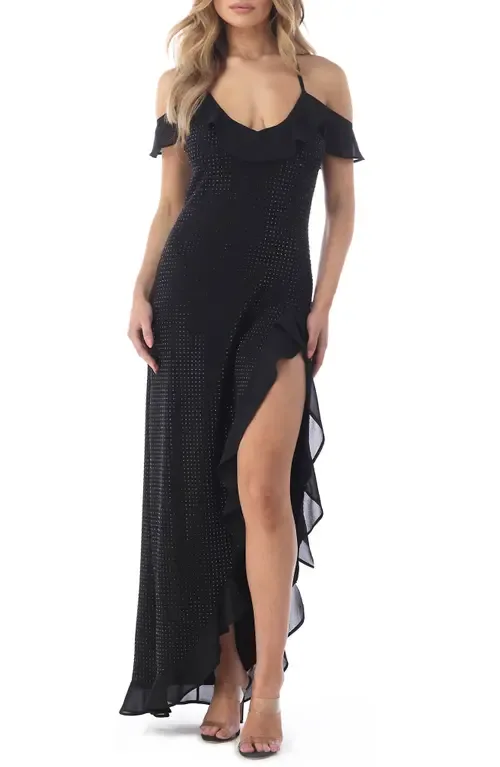 Rhinestone Cold Shoulder Open Back High-Low Cocktail Dress by Sky