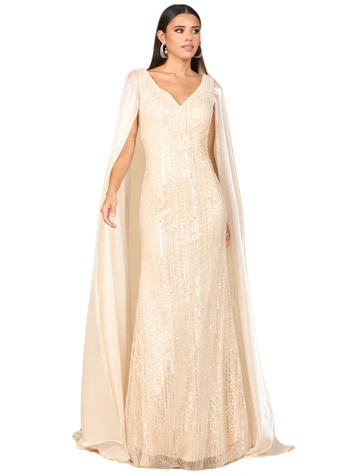 Beaded Gown with Satin Cape Sleeves by LARA New York