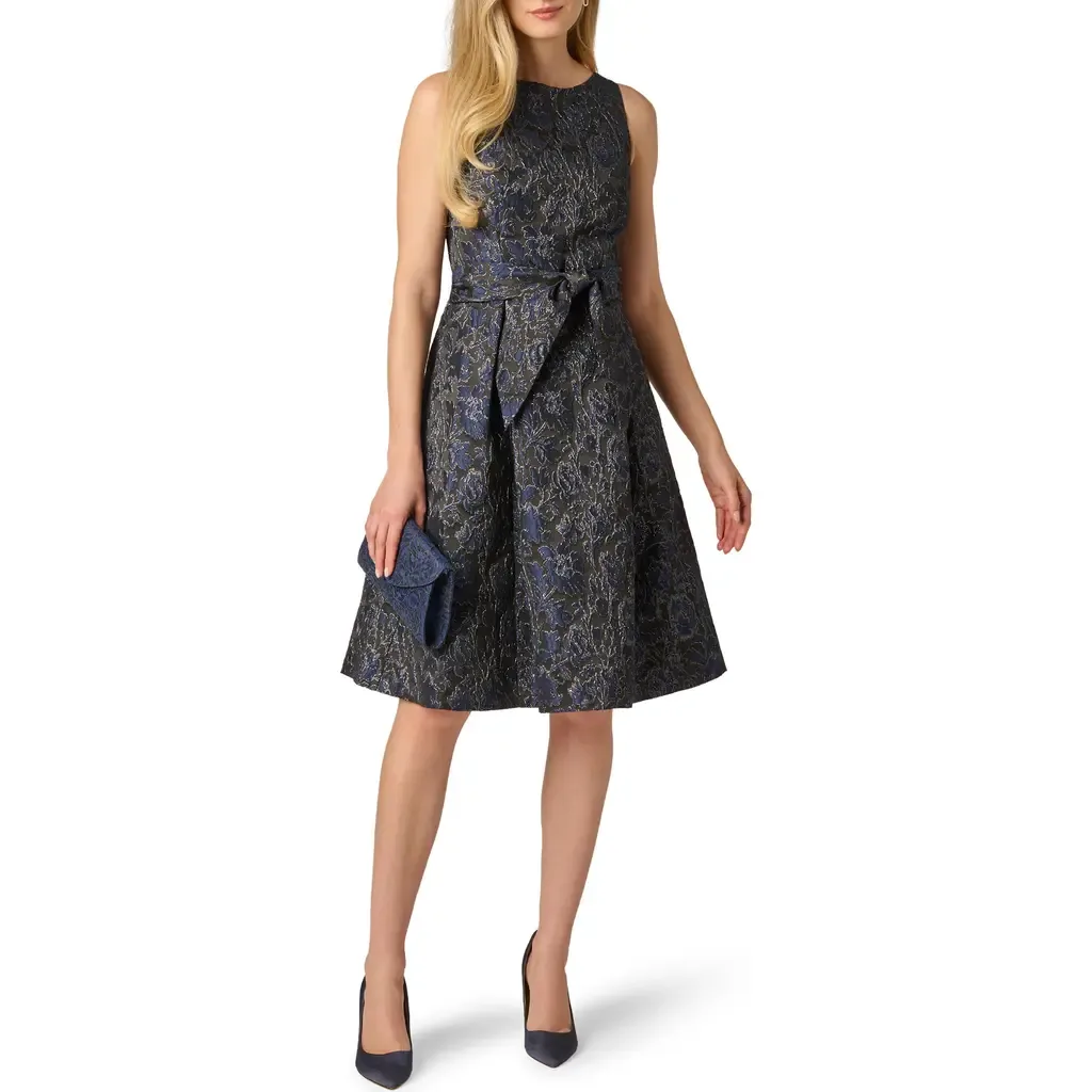 Floral Jacquard Sleeveless Tie Front Dress by Adrianna Papell