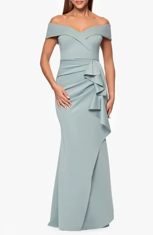 Off the Shoulder Ruffle Scuba Crepe Gown
