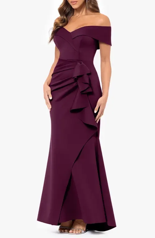 Off the Shoulder Ruffle Scuba Crepe Gown