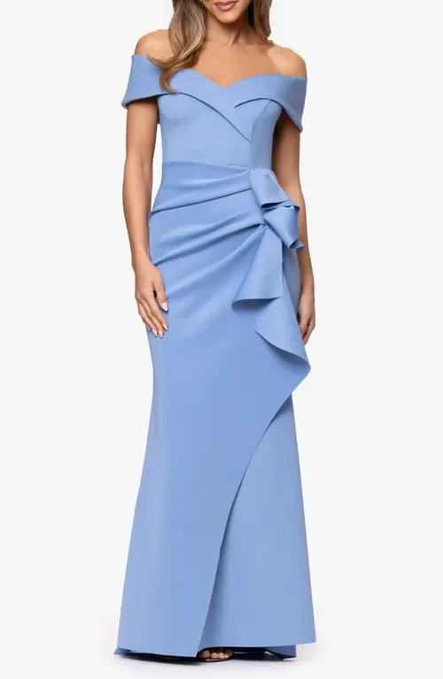Off the Shoulder Ruffle Scuba Crepe Gown