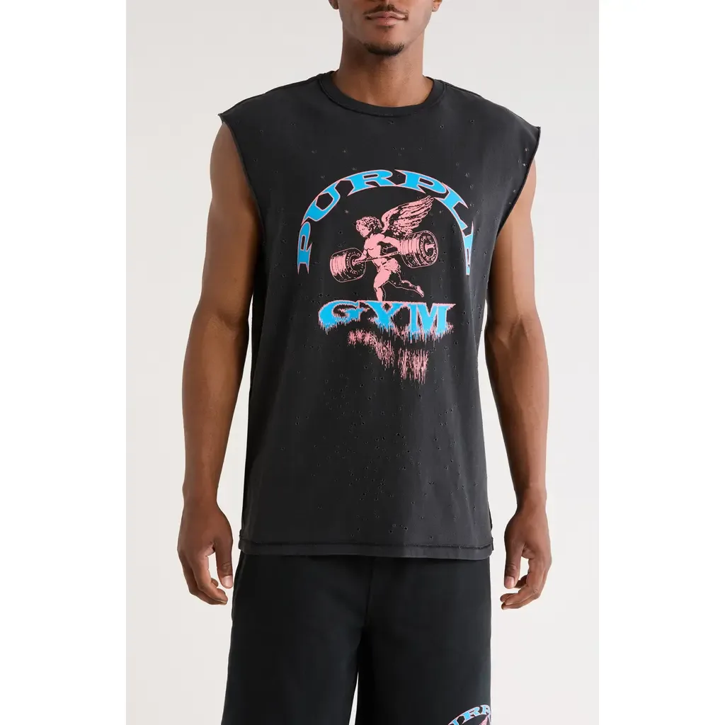 Textured Sleeveless Cotton Graphic T-Shirt by PURPLE BRAND