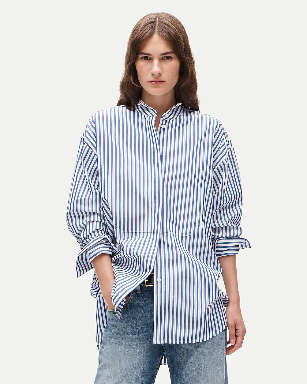 Tuxedo-Bib Button-Up in Striped Thomas Mason® Cotton Poplin