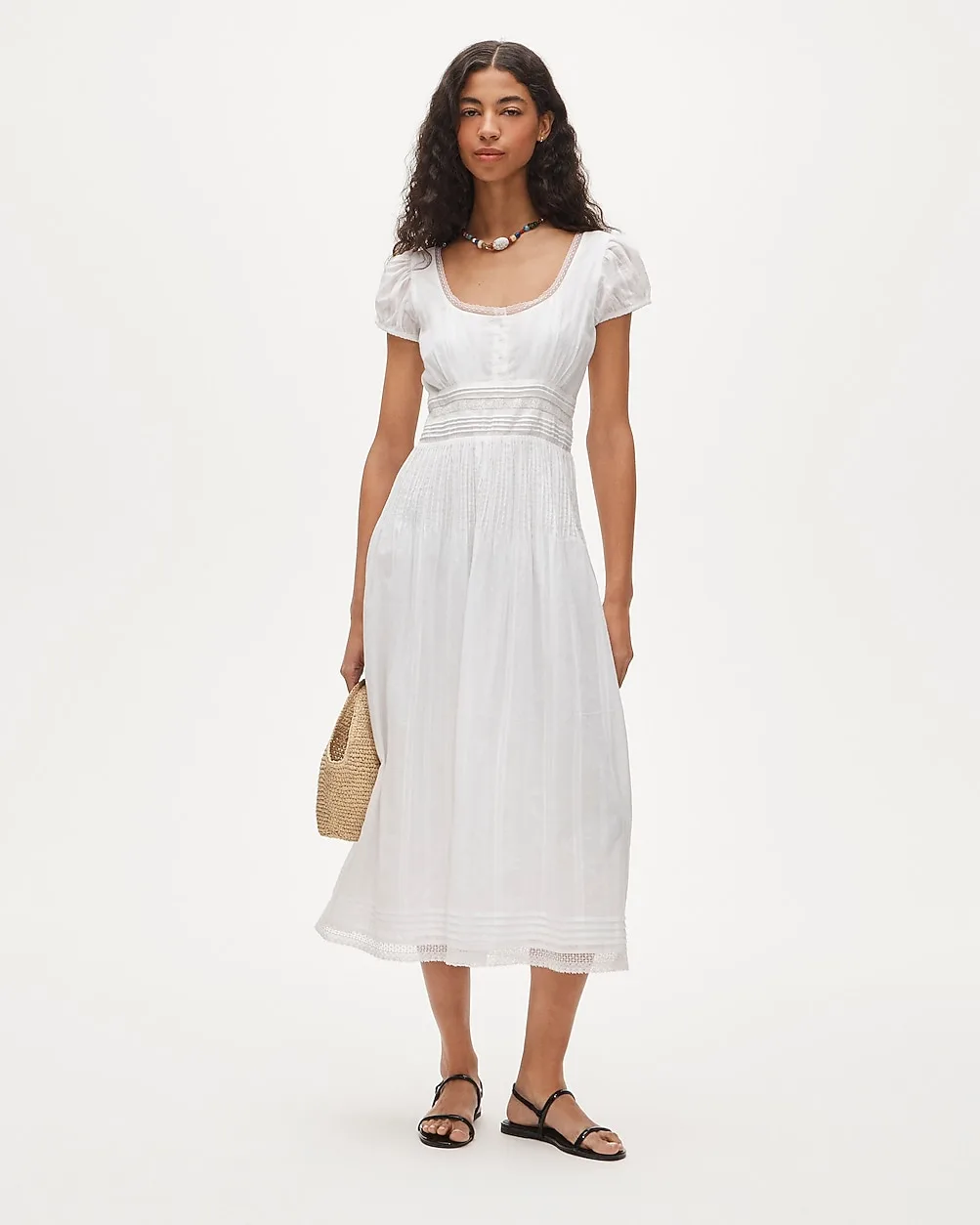 Lace-Trim Pintuck Midi Dress in Cotton Dobby by J.Crew