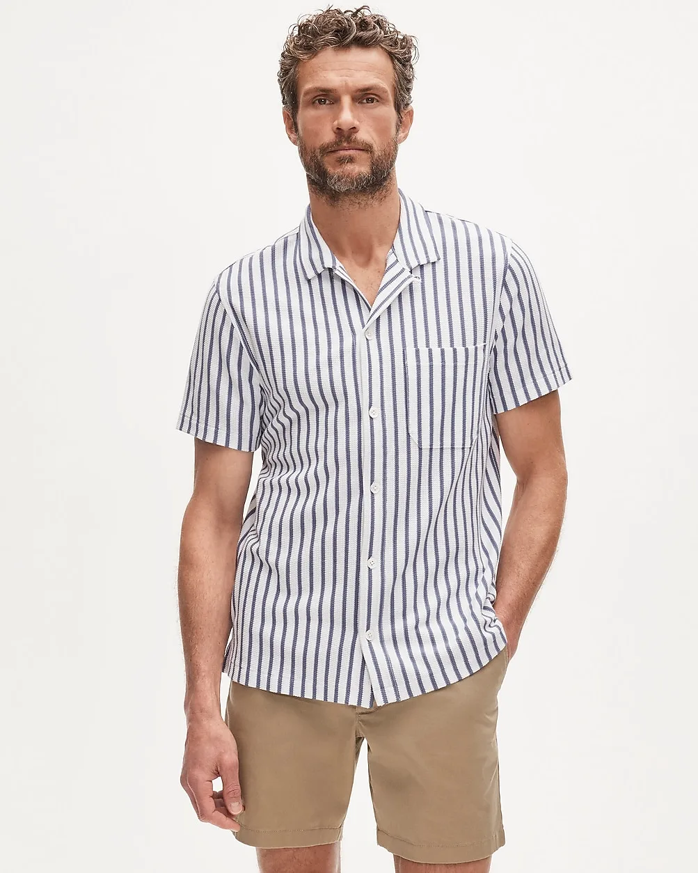 Waffle-Knit Camp-Collar Shirt in Stripe