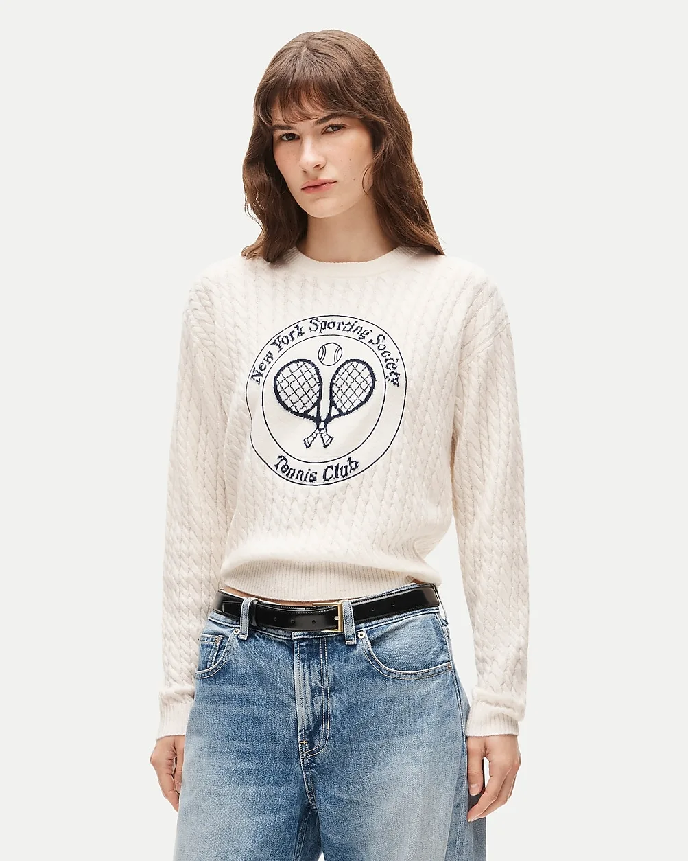 Perfect Cashmere Cable-Knit Crewneck with Tennis Club Intarsia by J.Crew