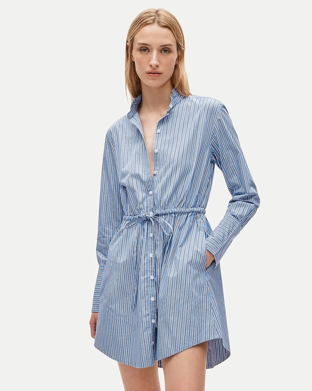 Ruffle-Collar Mini Shirt-Dress in Striped Greenwich Poplin