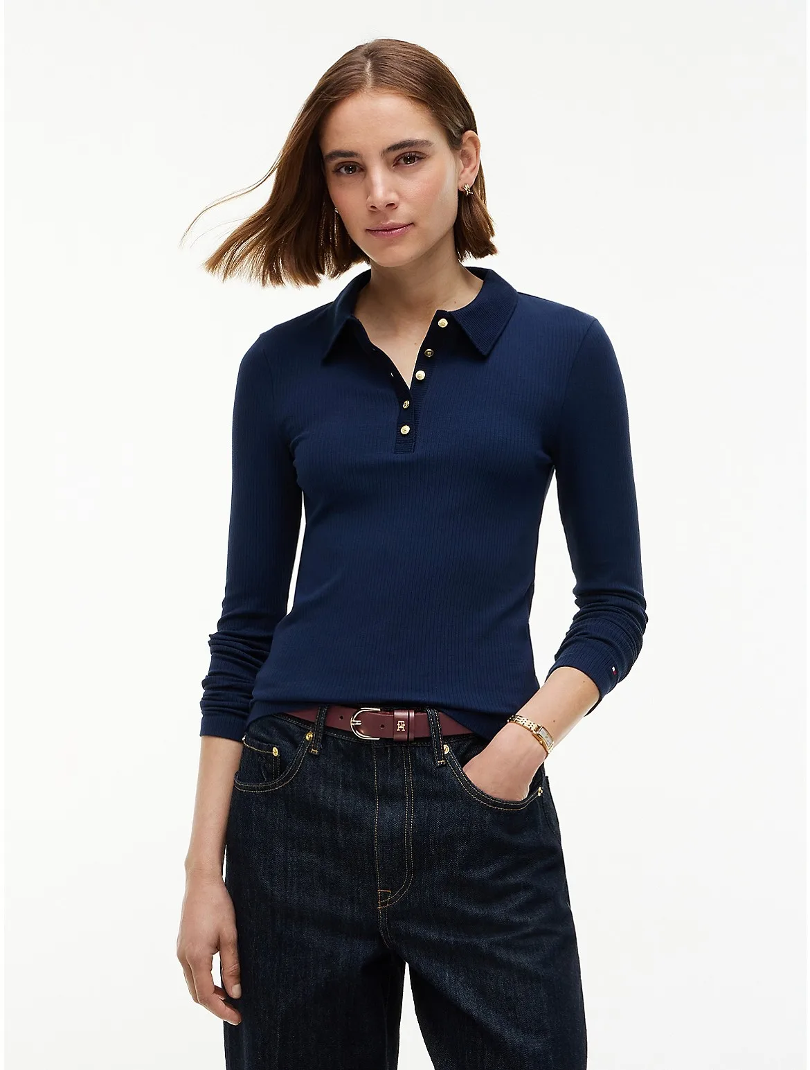 Slim Fit Gold-Button Rib-Knit Polo by Tommy Hilfiger