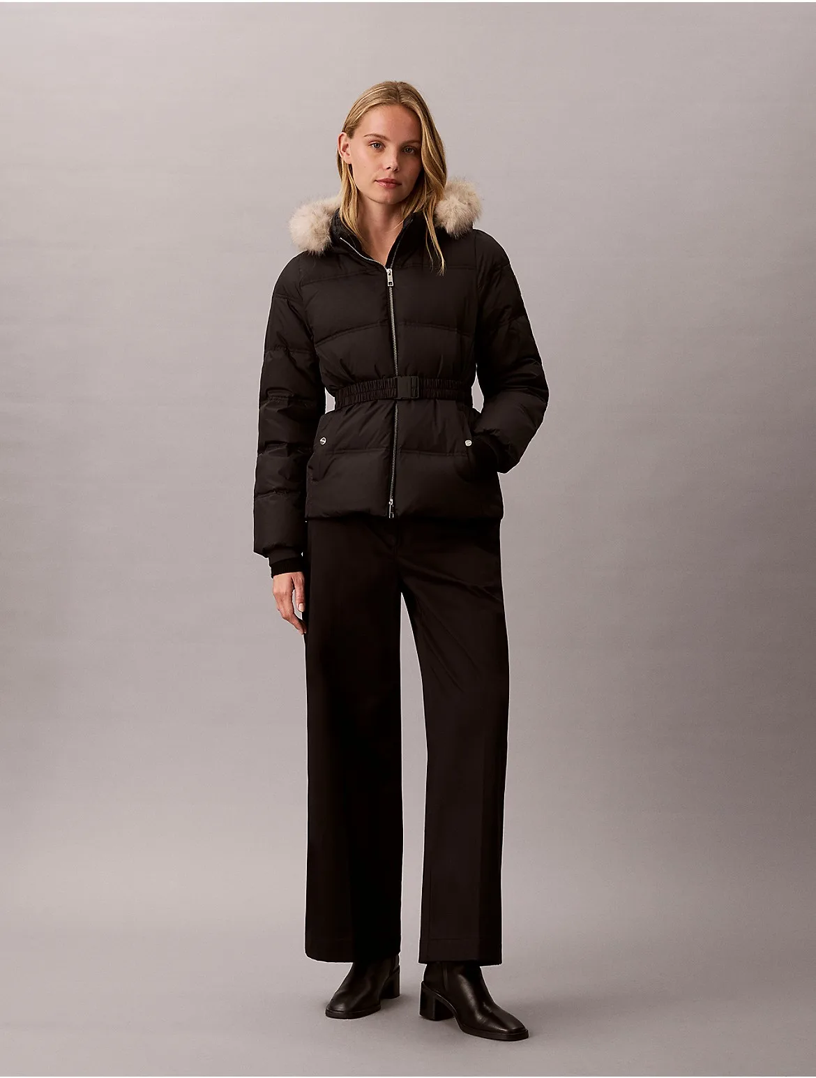 Matte Belted Short Puffer Jacket by Calvin Klein