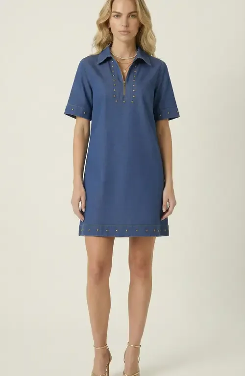 Studded Half-Zip Collared Denim Mini Dress by Modenaire