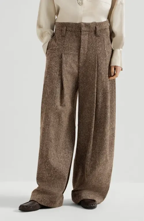 Virgin Wool Donegal Pleated Barrel Trousers with Monili by Brunello Cucinelli