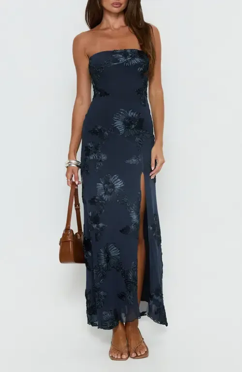 Maribeth Floral Appliqué Strapless Maxi Gown by Princess Polly