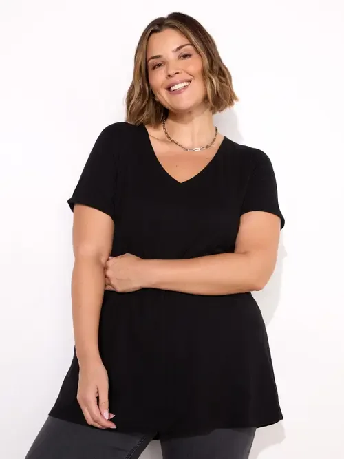 Cotton Slub V-Neck Longline T-Shirt by Live Unlimited