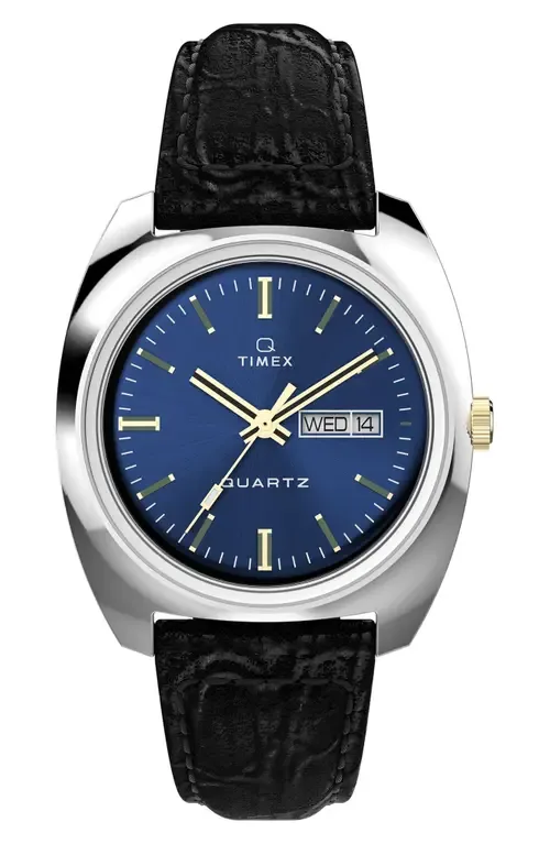 Q Timex 1978 Day/Date Leather Strap Watch, 37.5mm by Timex®