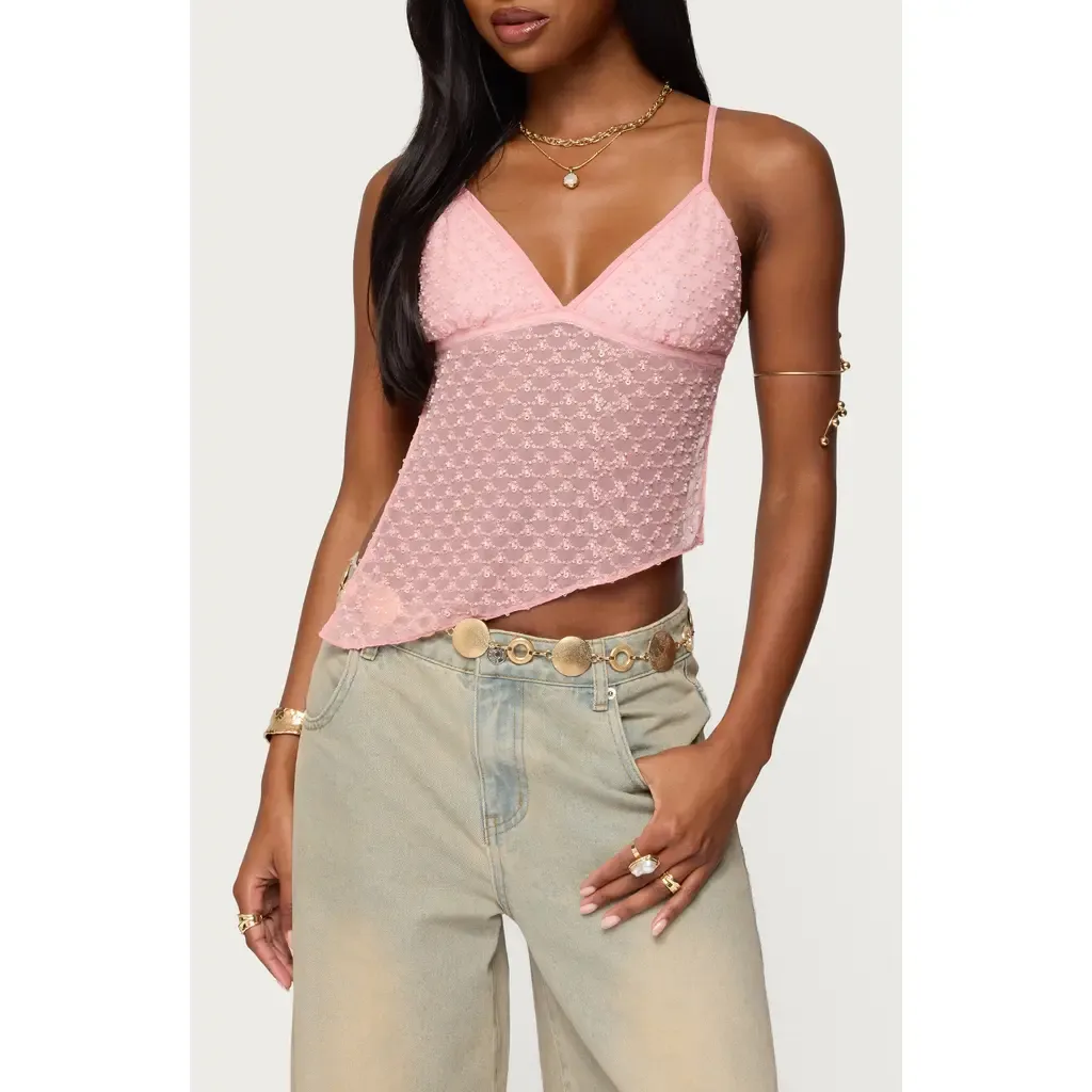 Beaded Asymmetric Open Back Mesh Top by EDIKTED