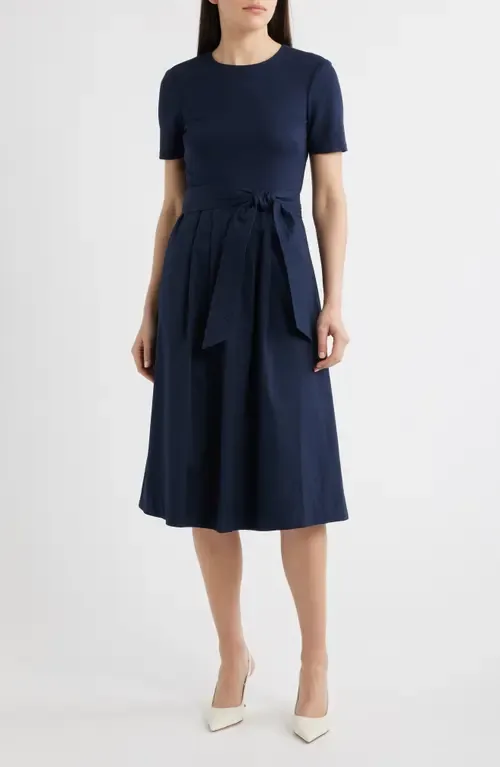 Jewel Neck Tie Waist Midi Dress by Eliza J