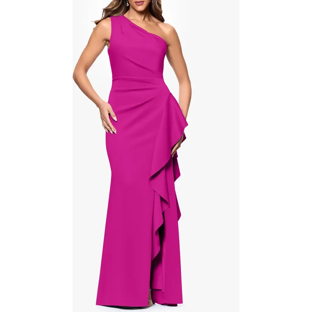One-Shoulder Ruffle Scuba Crepe Gown
