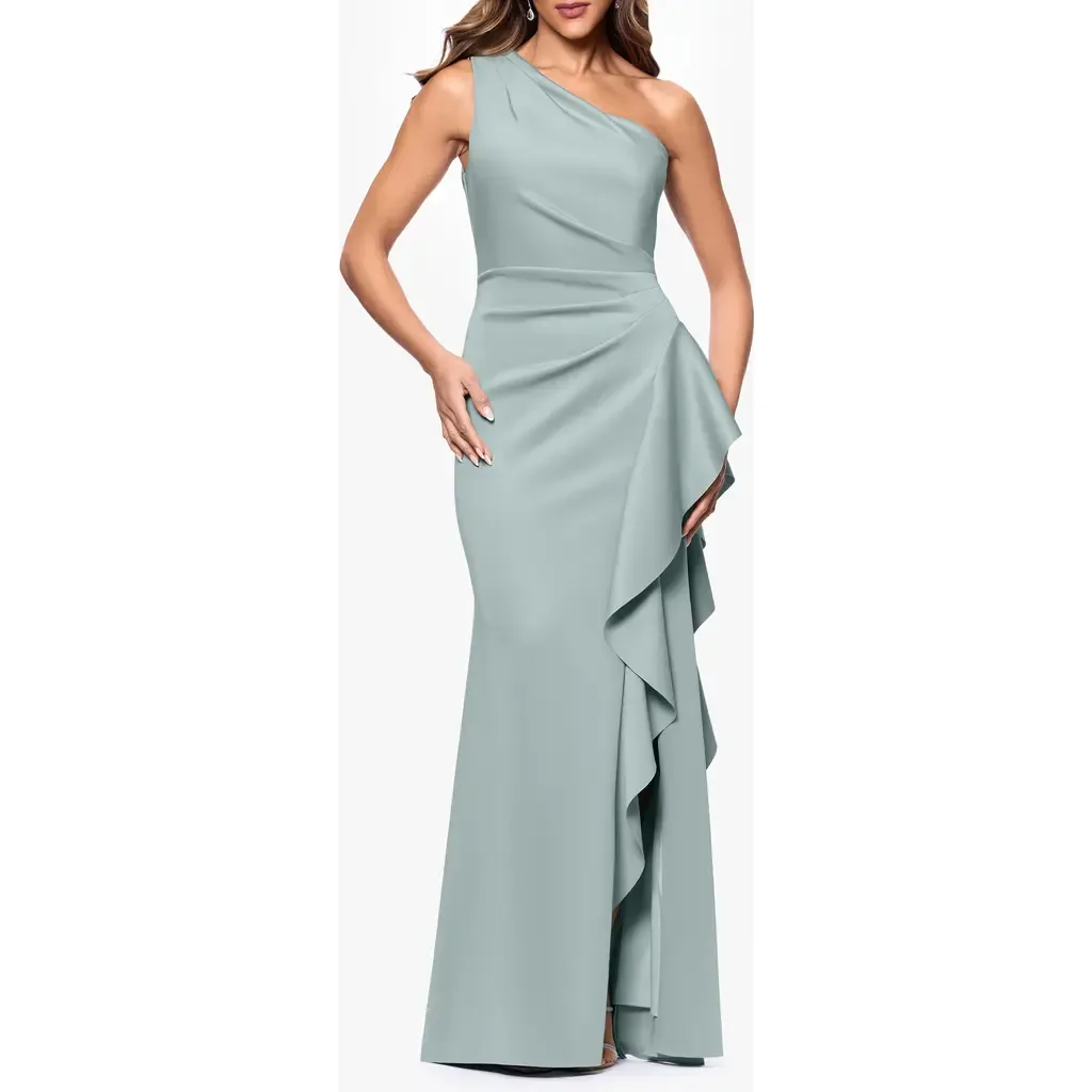 One-Shoulder Ruffle Scuba Crepe Gown