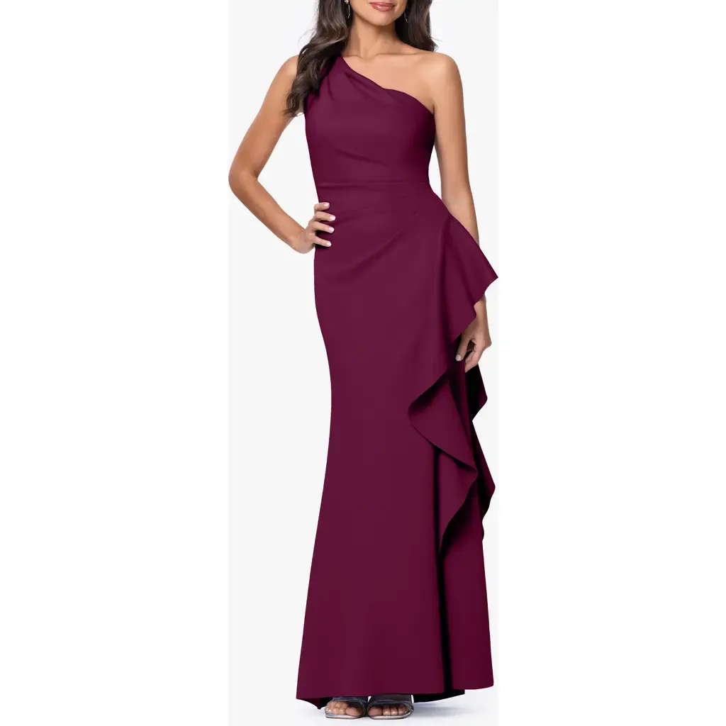 One-Shoulder Ruffle Scuba Crepe Gown