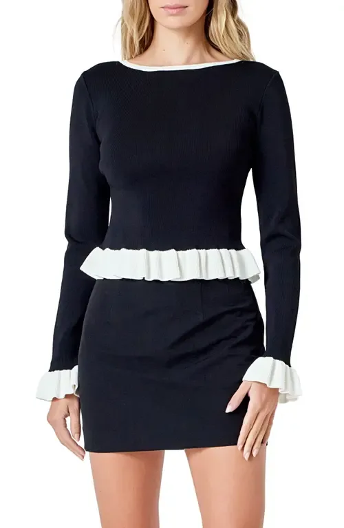 Rib Contrast Ruffle Trim Top