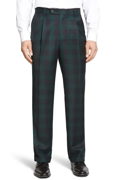 Touch Finish Pleated Classic Fit Plaid Wool Trousers by Berle