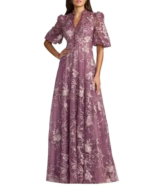 Queen Anne Puff Sleeve A-Line Gown by Mac Duggal