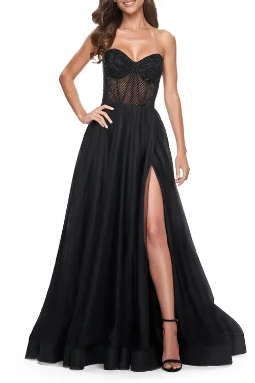 A-Line Tulle Prom Dress with Rhinestone Fishnet Bodice