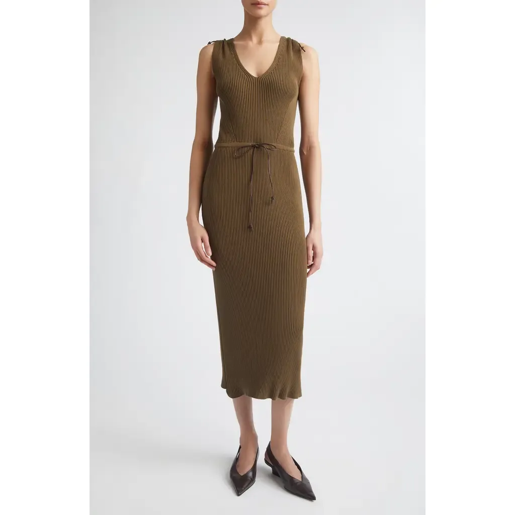 Drawstring Cotton Blend Rib Sweater Dress by Max Mara