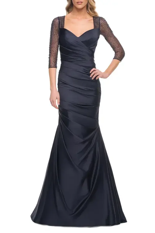 Mermaid Satin Pleated Gown with Illusion Beaded Sleeves by La Femme
