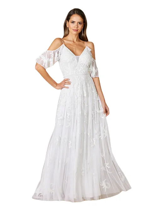 Giana Beaded Cold-Shoulder Wedding Dress by LARA New York