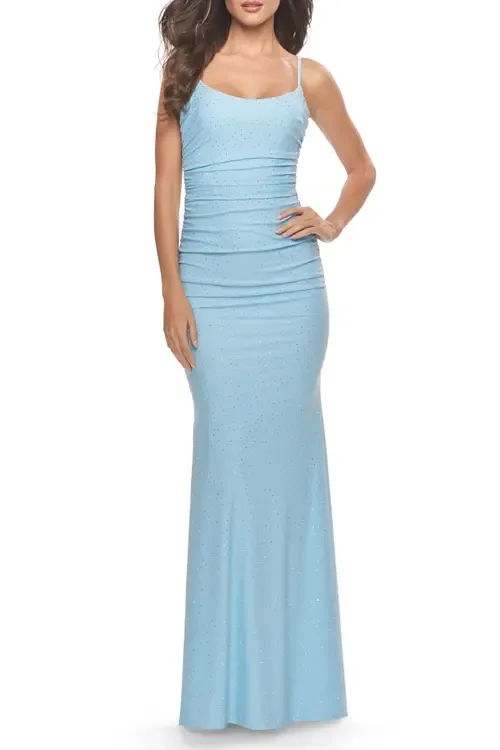 Jeweled Modified Scoop Neck Jersey Dress with Open Back in Bright Colors by La Femme