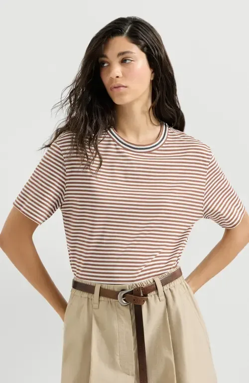 Striped Cotton Jersey T-Shirt with Precious Neckline by Brunello Cucinelli