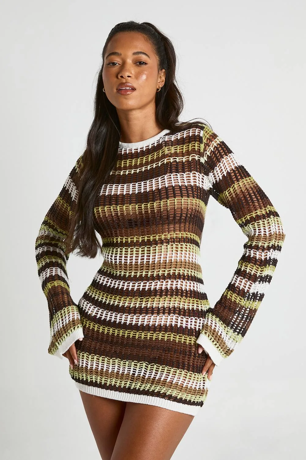 Beach Crochet Stripe Knit Flared Sleeve Mini Dress by boohoo