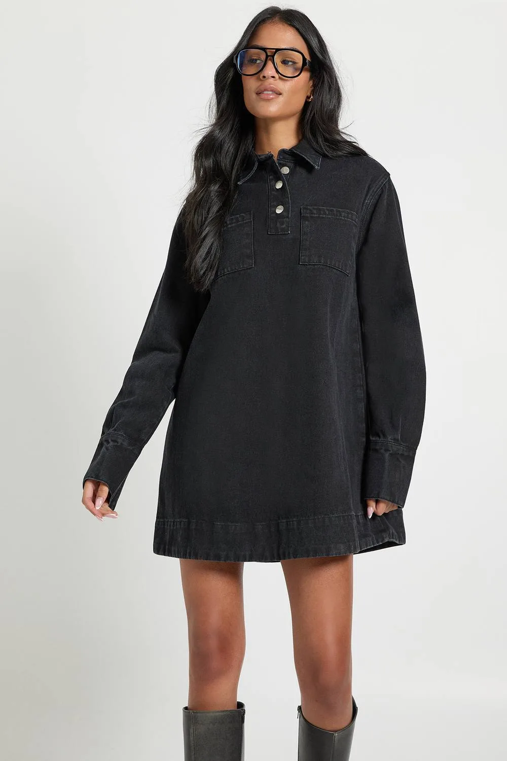 Long Sleeve Denim Dress by boohoo
