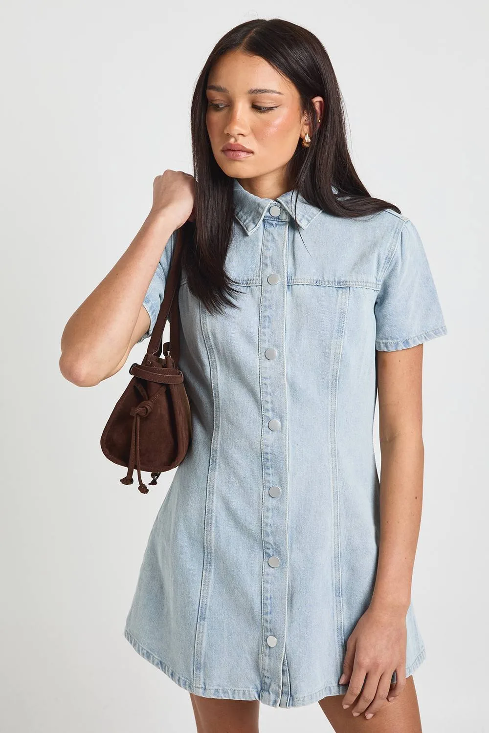 Short Sleeve Cinched Waist Denim Dress by boohoo