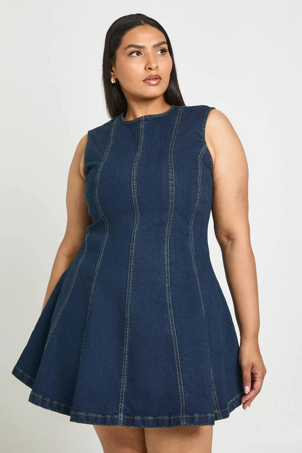 Sleeveless Seam Detail Denim Mini Dress by boohoo