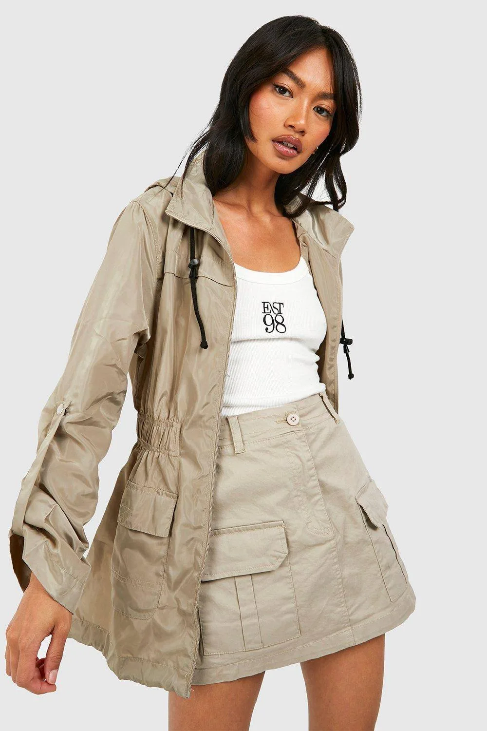 Hooded Mac - Stone by boohoo