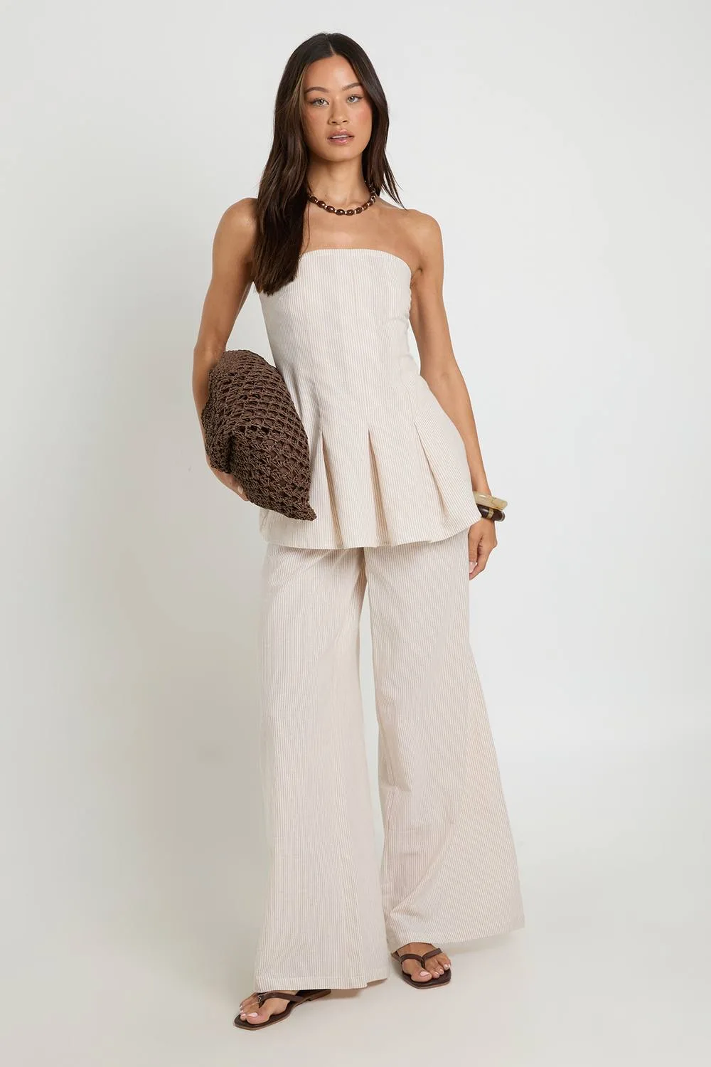 Stripe Linen Look Bandeau & Wide Leg Trouser Co-Ord - Stone by boohoo