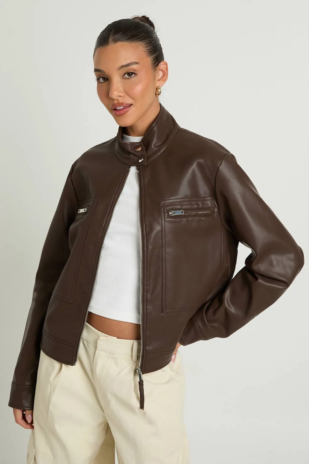 Faux Leather Button Up Collar Zip Pocket Jacket by boohoo