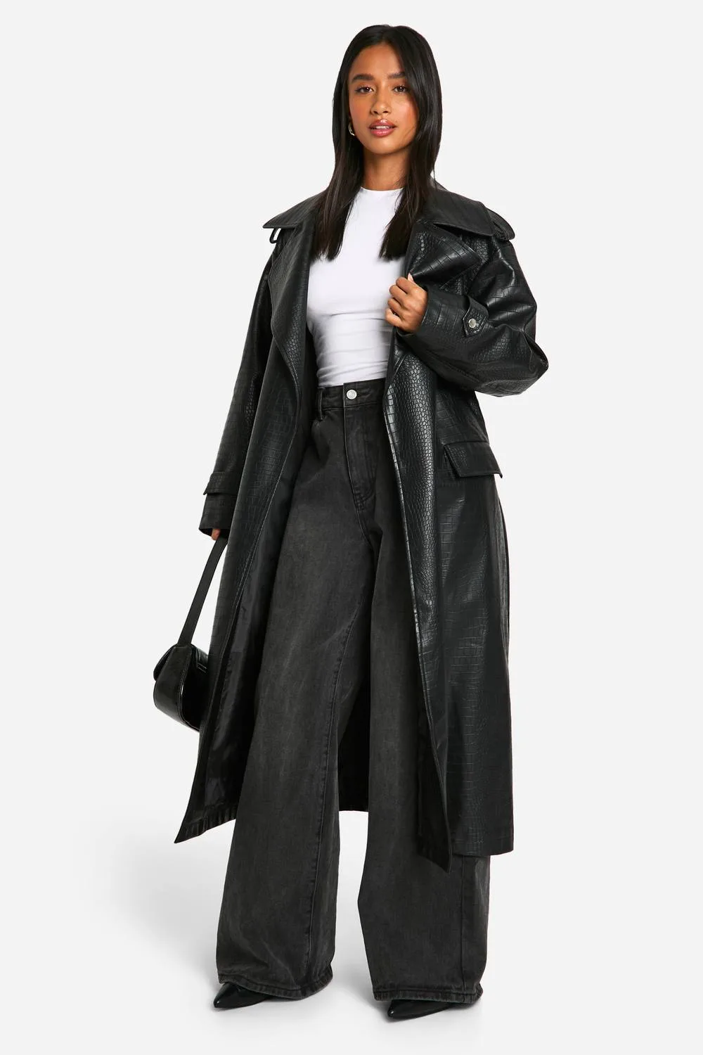 Crocodile Faux Leather Trench Coat by boohoo