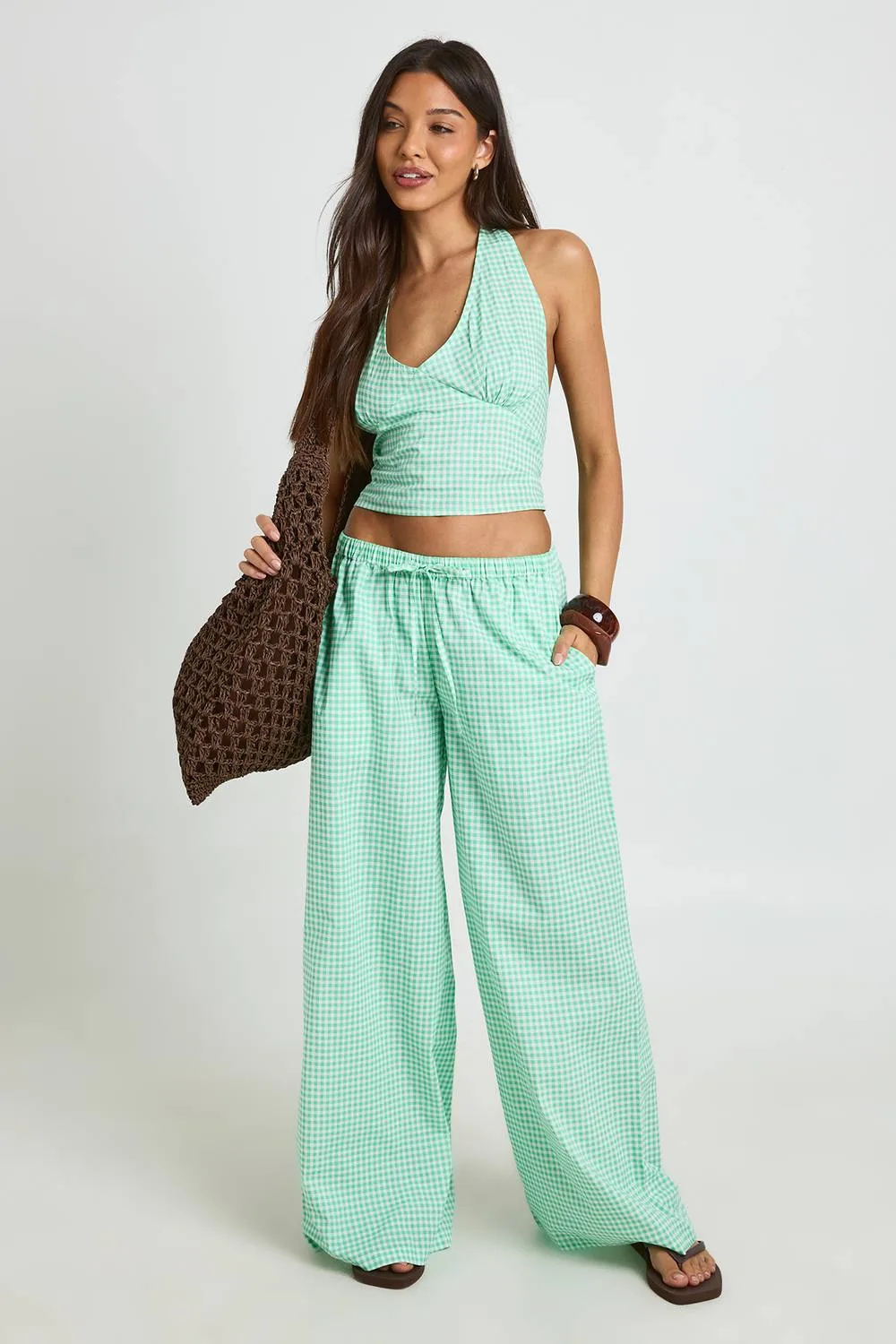 Gingham Halterneck Top & Wide Leg Trouser Co-Ord by boohoo