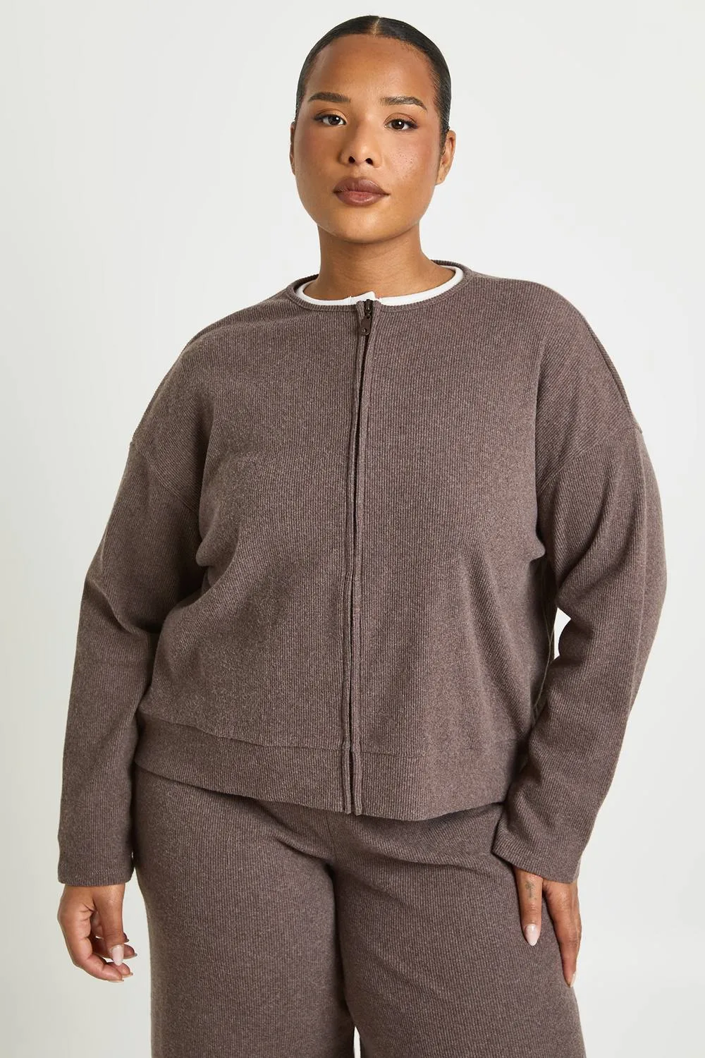 Knitted Rib Zip Through Sweat by boohoo