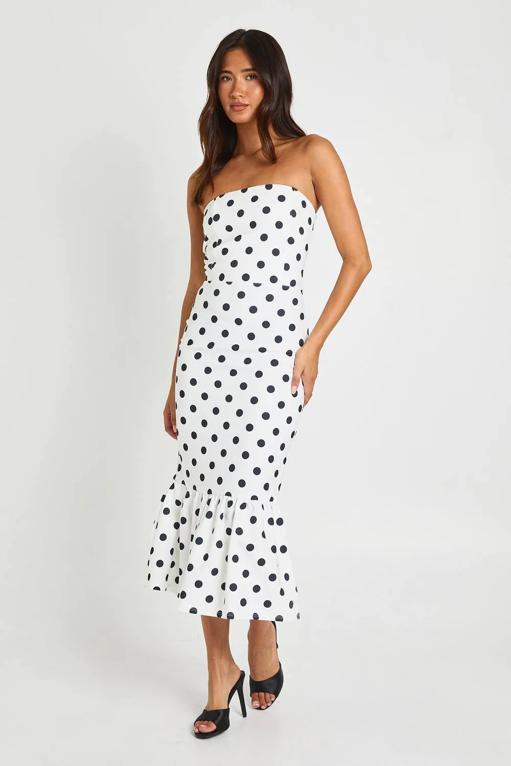 Polka Dot Bandeau Pep Hem Midaxi Dress by boohoo