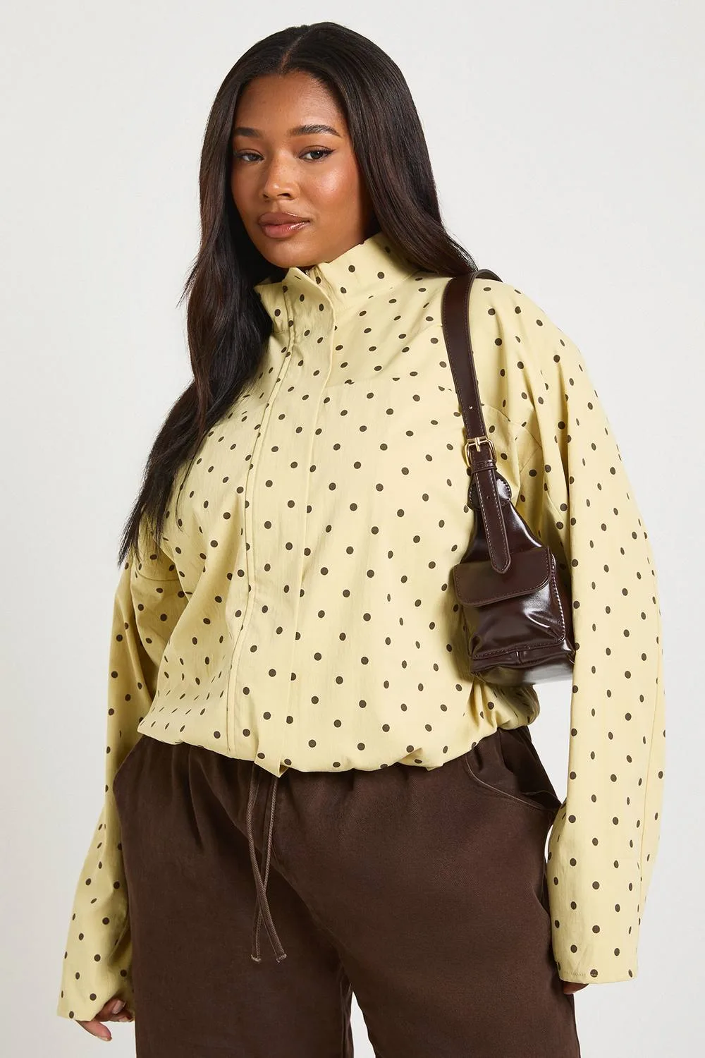 Funnel Neck Twill Polka Dot Zip Through by boohoo