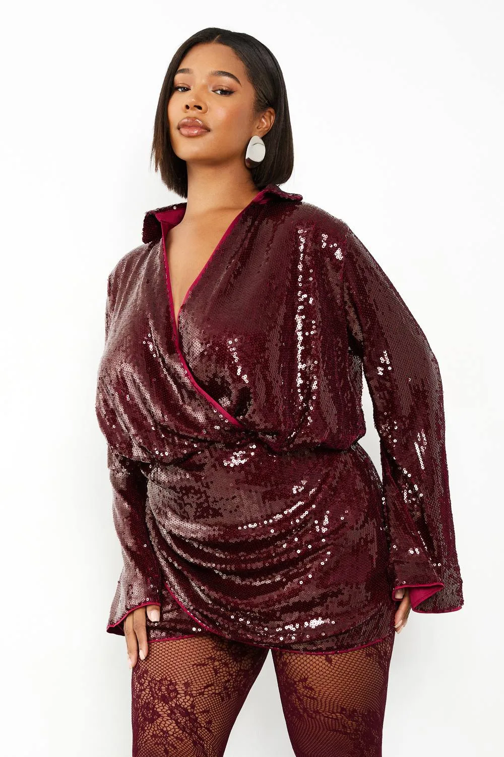 Sequin Draped Flare Sleeve Shirt Dress by boohoo